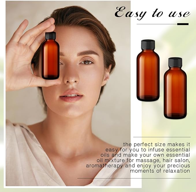 Hsei 100 Pcs 1 oz Amber Glass Boston Round Bottles with Black Cap Brown Sample Bottle Small Glass Containers with Lids and Funnel Chalk Labels Pen for Vanilla Extract Essential Oils