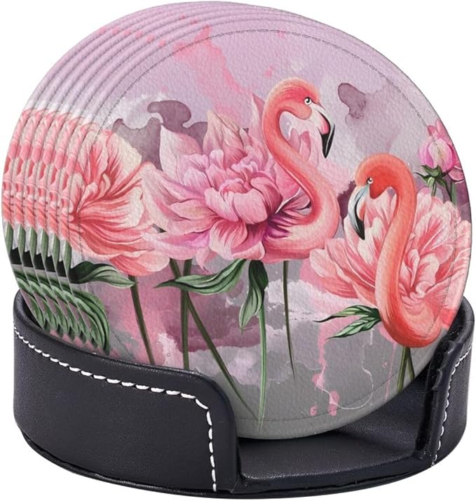 6 Pcs Pink Cute Flamingo Modern Art Boho Leather Coasters - Image 6