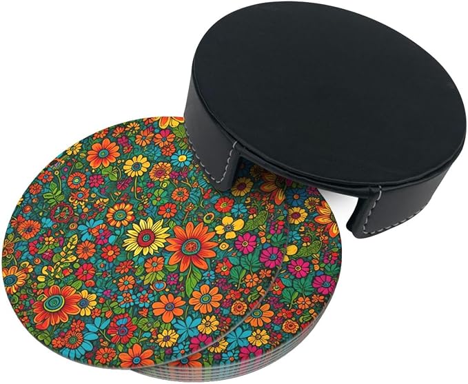 Drink Coasters with Holder Stand Set of 6, Colorful Flower Floral Print Pu - Image 7