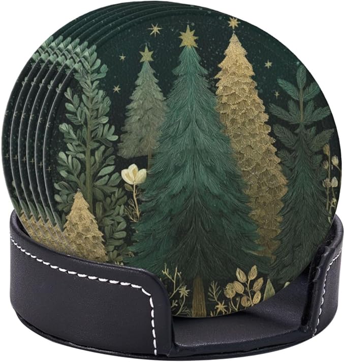 Vintage Green Gold Christmas Tree Coasters - Image 2