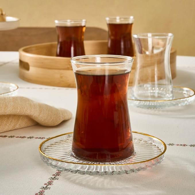 KARACA Nilufer 12-Piece Turkish Tea Glass & Saucer Set, 5.7 oz Gold Trim Clear - Image 2