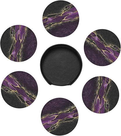 6 Pcs Abstract Black and Purple Marble Leather Coasters - Image 7