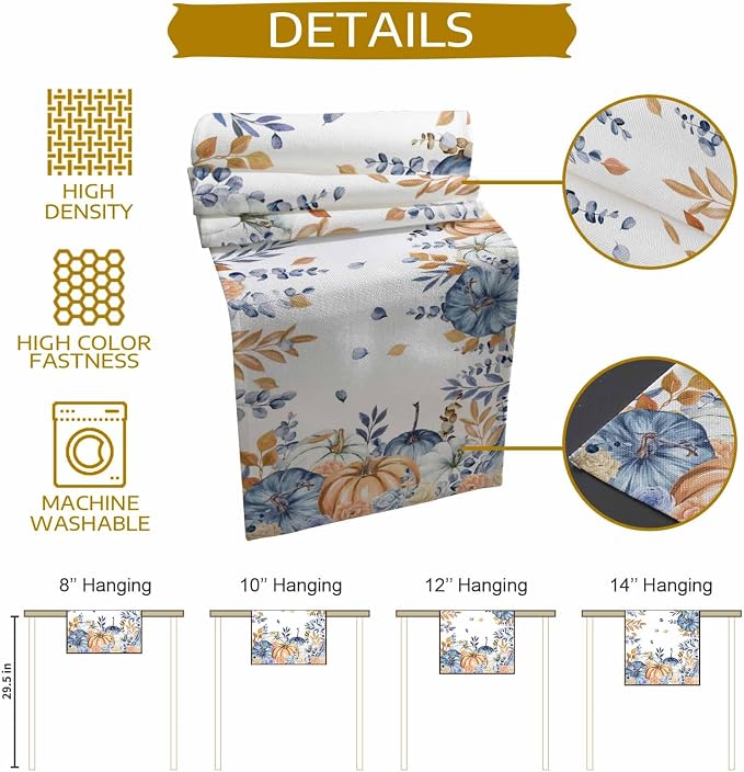 Blue Pumpkin Fall Table Runner 120 Inches Long, Thanksgiving Floral Eucalyptus - Image 8