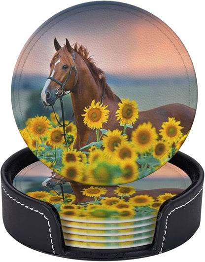 6 Pcs Horse Sunflowers Leather Coasters - Image 2
