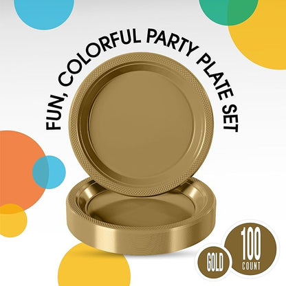 Gold Plastic Plates For Party 10" Gold Disposable Plates Heavy Duty 100 Pcs Plastic Dinnerware Sets Heavy Duty 350 GSM Disposable Dinnerware Set