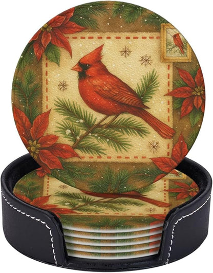 Red Christmas Floral and Bird Coasters by KiuLoam