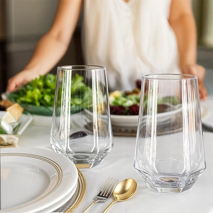 Crystal Beverage Glasses- Set of 6- Hexagon Design – 16oz Beer Tumbler & Highball Glass | Modern Tall Drinking Glass for Beer, Cocktails, Iced Tea, Cold Drinks & Everyday Use
