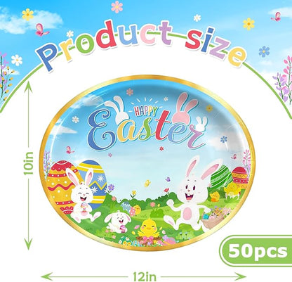 Happy Easter Oval Paper Plates 10" x 12" Serve 50, Floral Easter Party Supplies with Cute Bunny Chick Colorful Eggs Disposable Bunny Paper Dinnerware Set for Spring Holiday Birthday Party Baby Shower