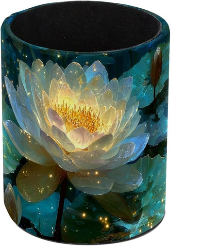 Leather Pen Holder for Desk, Water Lilies Pencil Cup Pen Organizer Makeup Brush by Unknown