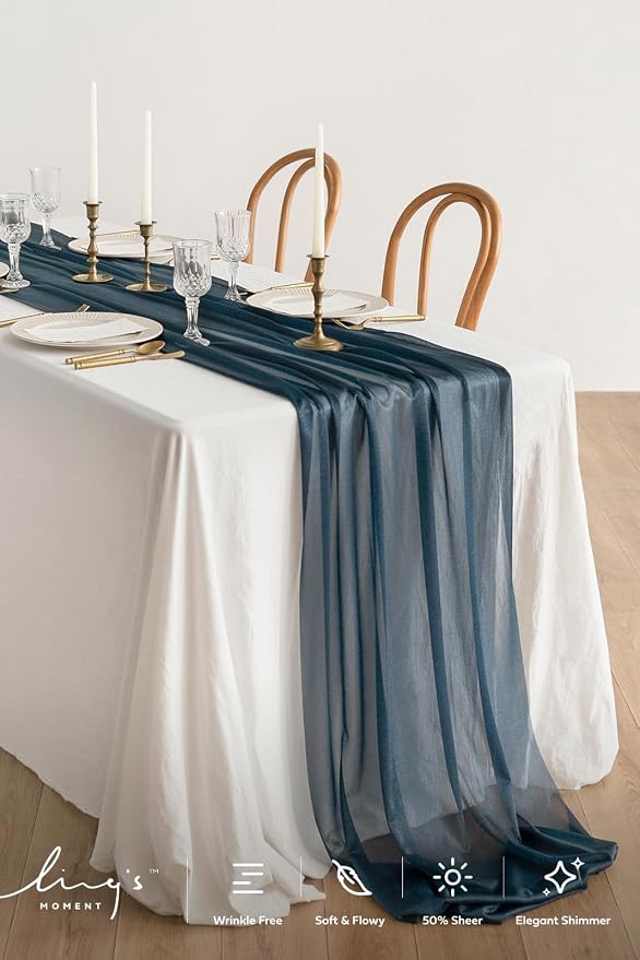 Ling's Moment 14Ft Navy Blue Table Runner, Wedding Chiffon Table Runners | - Image 2