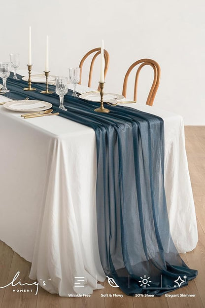 Ling's Moment 14Ft Navy Blue Table Runner, Wedding Chiffon Table Runners | - Image 2