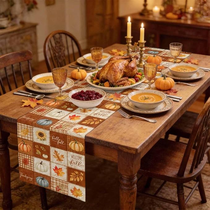 Fall Checkered Table Runner 72 Inches Long, Thanksgiving Pumpkins Table Runners - Image 3