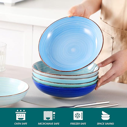 vancasso Bonita Pasta Bowls Set of 6, 38 oz Shallow Bowls, 8.5 Inch Ceramic Pasta Plates and Salad Bowls, Microwave & Dishwasher Safe Serving Bowls, Blue