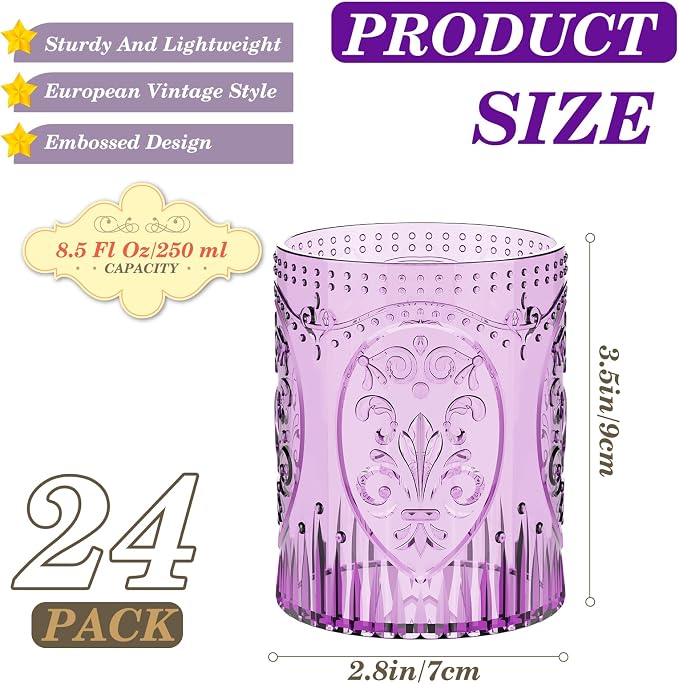 Qinyoung 24 Plastic Vintage Drinking Glasses 8.5oz Stemless Retro Embossed Wine - Image 2