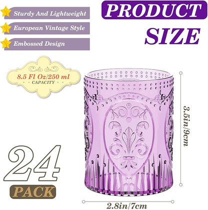 Qinyoung 24 Plastic Vintage Drinking Glasses 8.5oz Stemless Retro Embossed Wine - Image 2