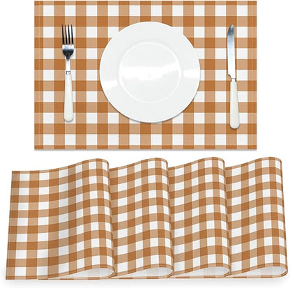 AOFOTO Brown Plaid Placemats Set of 4 for Dining Table Brown and White Checkered Place Mats Washable Rectangular Stripes Table Mats for Party Home Kitchen Restaurant Decor 12x18 Inch