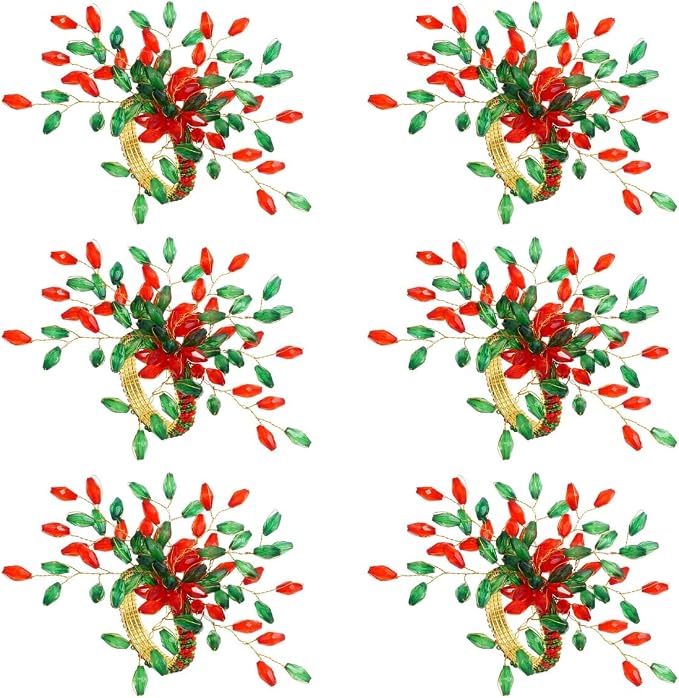 ITOS365 Handcrafted Beaded Napkin Rings Set of 6 – Red & Green Crystal Flower - Image 4