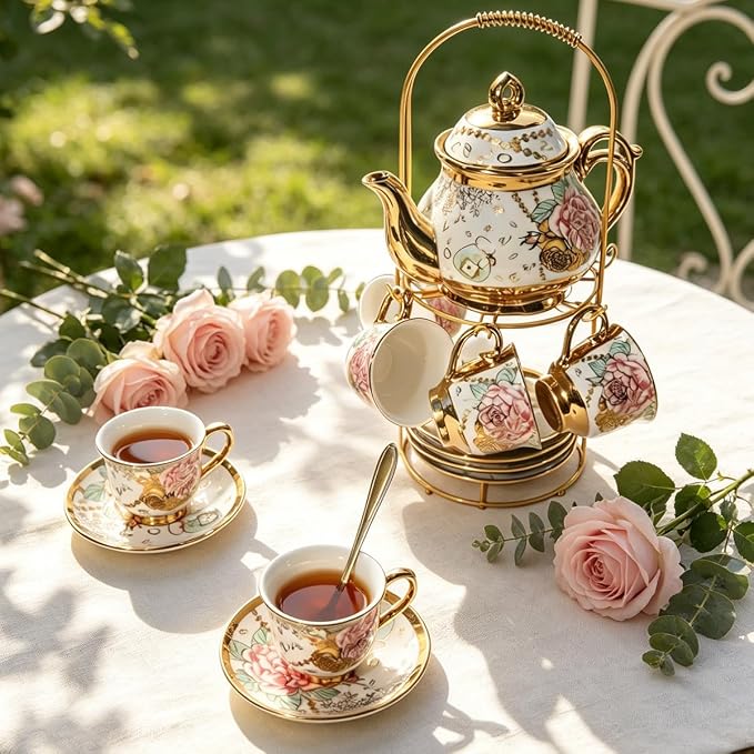 CHANJOON Gold Plated Red Rose Ceramic Tea Set, Vintage Tea Sets - Image 2
