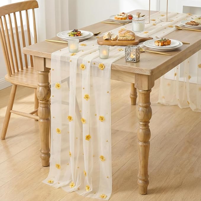 Artoid Mode Yellow Flower Pearl White Gauze Table Runner 10FT 6PC, Seasonal - Image 3