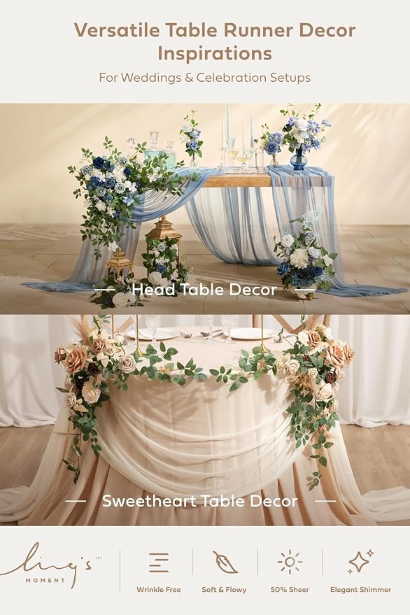 Ling's Moment 14Ft Ivory Table Runner, Wedding Sheer Chiffon Table Runners | - Image 5