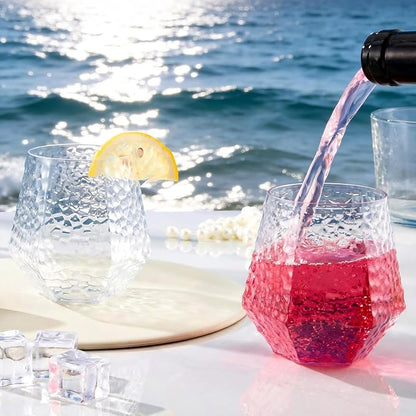 Goodluck 40PCS 12oz Clear Plastic Wine Glass Diamond Stemless Hammered Cups | - Image 2