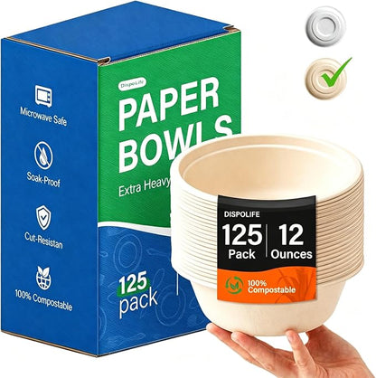 125 Pack 12 Oz Disposable Paper Bowls, Heavy-Duty Compostable Bowls by DispoLife