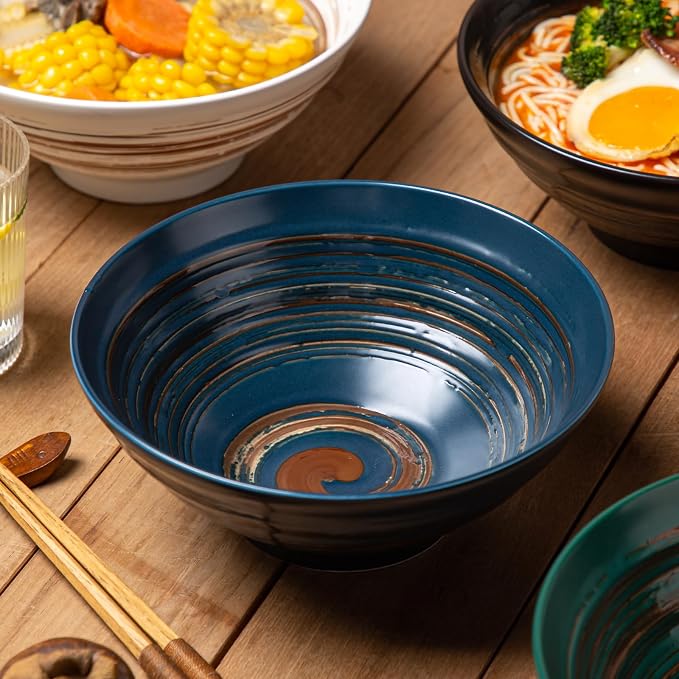 YUN TAO Ramen Bowl Set, 35 Oz Large Blue Ceramic Ramen Bowls Set of 4, Deep - Image 2