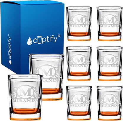 Personalized Square Shot Glasses Set of 8 Orange Bottom 2oz Engraved Initial and Name Custom Gifts, Weddings, Birthdays, Party, Event, Decorations
