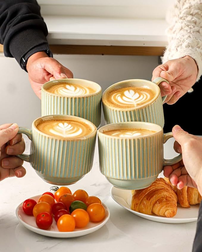 HASENSE Ceramic Coffee Mugs Set of 4 - 15 oz Stackable Large Porcelain Ribbed - Image 4