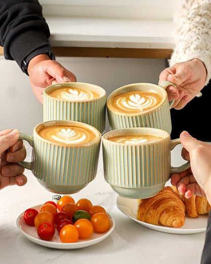 HASENSE Ceramic Coffee Mugs Set of 4 - 15 oz Stackable Large Porcelain Ribbed - Image 4