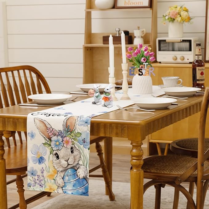 Happy Easter Bunny Table Runner, Egg Flowers Burlap Table Runners, Spring - Image 2