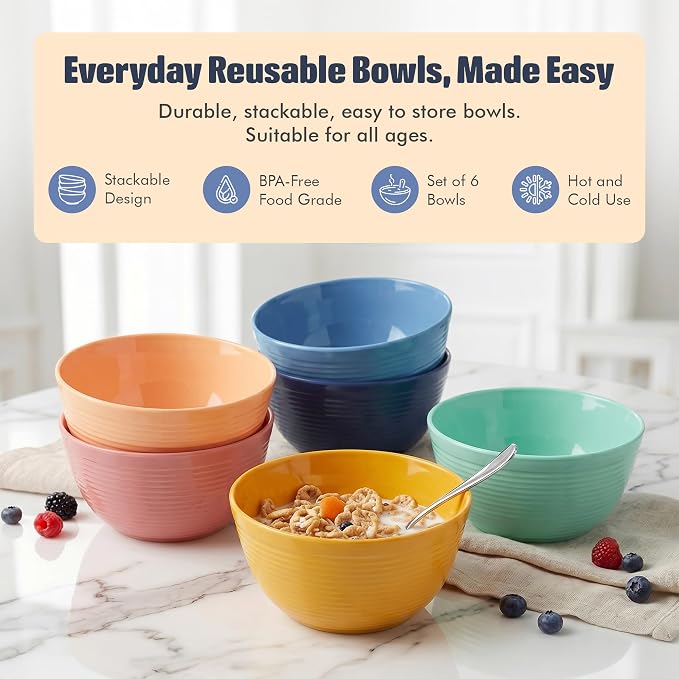 Plastic Bowls Kitchen Set for Cereals, Soup – Salad Bowl Set of 6 for Hot Cold - Image 3