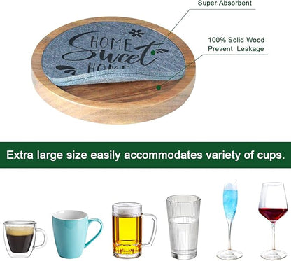 Coasters for Drinks with Holder, Wood Coasters for Drinks Housewarming Gifts for Home Decoration Coasters Sets of 6 4.3 Inch Gray