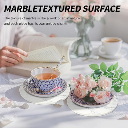 8 Inch Trivets for Hot Dishes, Pots and Pans, Marble Style Ceramic Trivet with Holder, Heat Resistant Hot Plate Mats for Countertops, Table, Home Essentials, Farmhouse Decor, Set of 3
