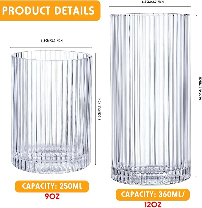 Zhehao 12 Pcs Ribbed Drinking Glasses Set 9 oz 12 oz Glass Cups Vintage - Image 2