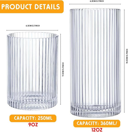 Zhehao 12 Pcs Ribbed Drinking Glasses Set 9 oz 12 oz Glass Cups Vintage - Image 2