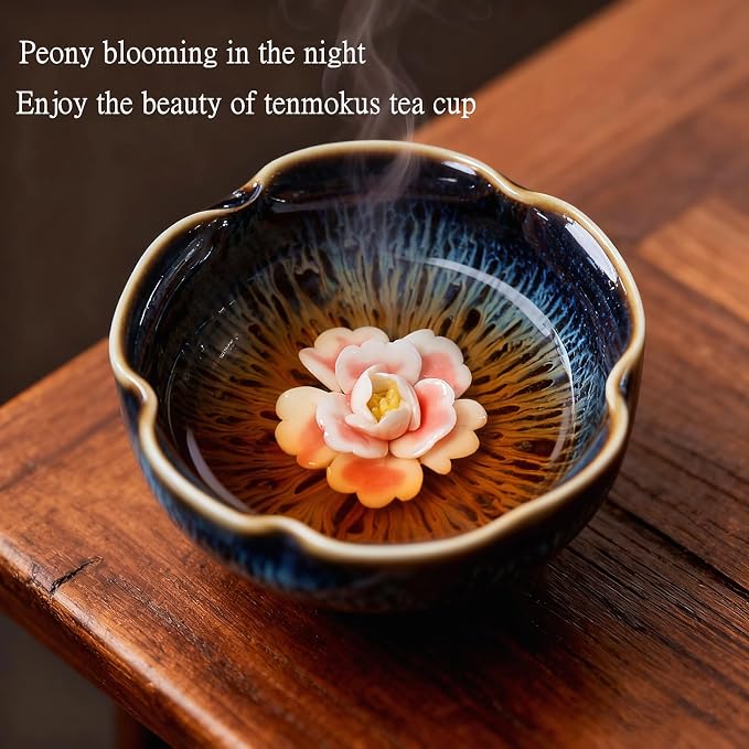 Tenmokus Tea Cup with Peony Flower, 3 oz Chinese Small Teacup | Petal Shaped - Image 2