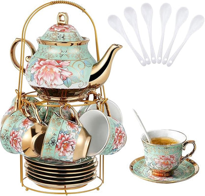 20 Pcs Porcelain Tea Set with Metal Holder, Adult Tea Set Gift, European by Hebaogugu