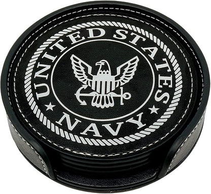 US Navy Leather Coaster Set - 4 Premium Coasters with Hot Stamped Foil Logo - Disabled Vet Owned Business-Navy Leather Coasters