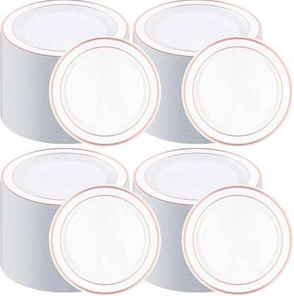 200 Pieces Disposable Plates Plastic Party Plates with Rim Hard Plastic Appetizer Salad Dessert 7.5 Inch Elegant Heavy Duty Tableware for Dinner Wedding Party Supplies(Rose Gold Rim)