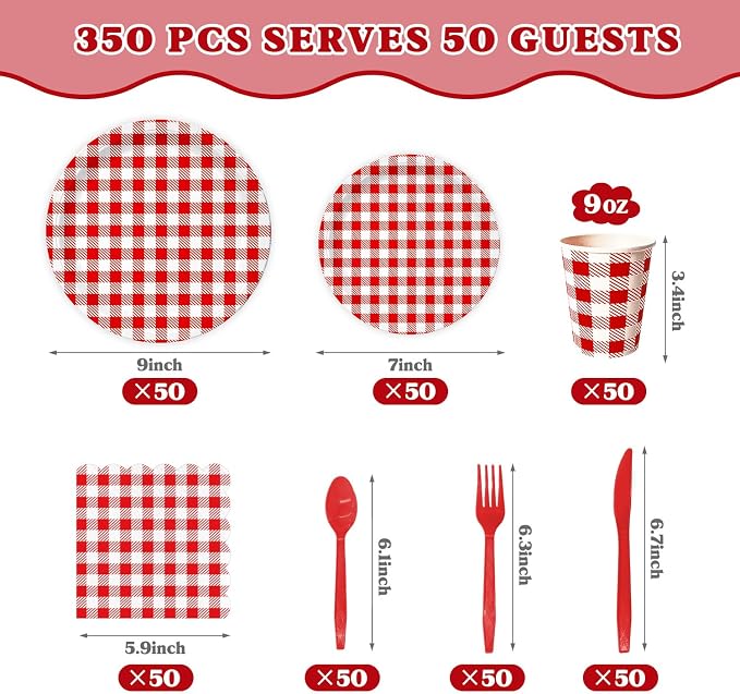 Vyntra 350 Pcs Red & White Checkered Gingham Paper Plates and Napkins Set - Image 3