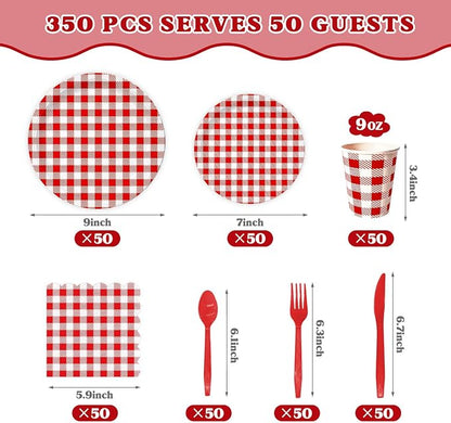 Vyntra 350 Pcs Red & White Checkered Gingham Paper Plates and Napkins Set - Image 3