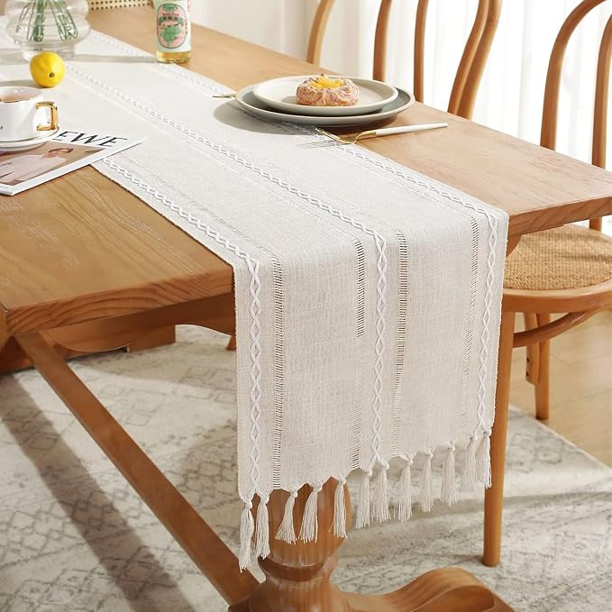 Wracra Rustic Linen Table Runner, Ivory Table Runners 108 inches Long | Raised - Image 5