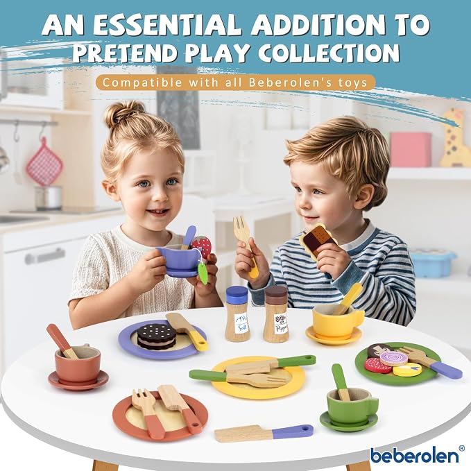 Wooden Play Dishes and Plates for Kids Kitchen Set Accessories | Cooking Toys - Image 4