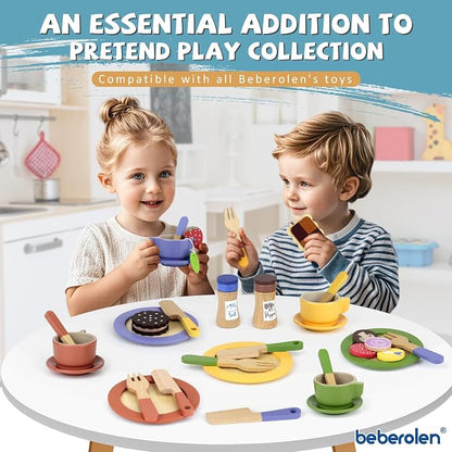 Wooden Play Dishes and Plates for Kids Kitchen Set Accessories | Cooking Toys - Image 4