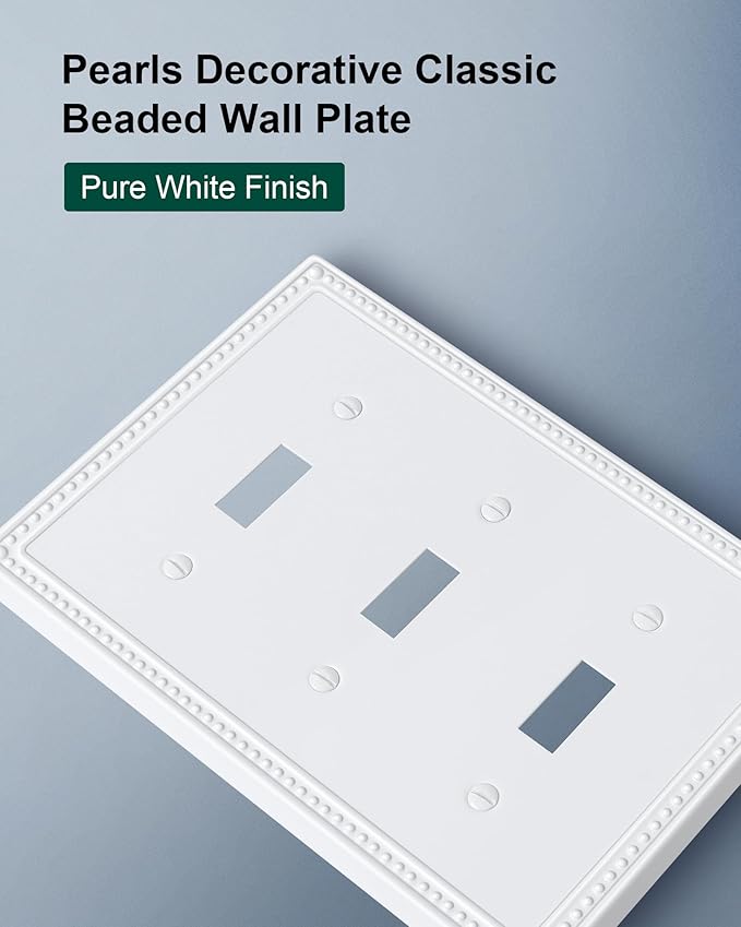 2-Pack Triple Toggle Light Switch Cover Plate, Pearls Decorative Switch Plate Covers, Pure White 3 Gang Metal Wall Plate, Corrosion Resistant