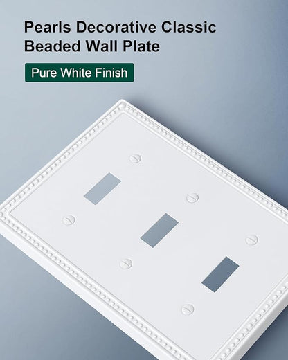 2-Pack Triple Toggle Light Switch Cover Plate, Pearls Decorative Switch Plate Covers, Pure White 3 Gang Metal Wall Plate, Corrosion Resistant