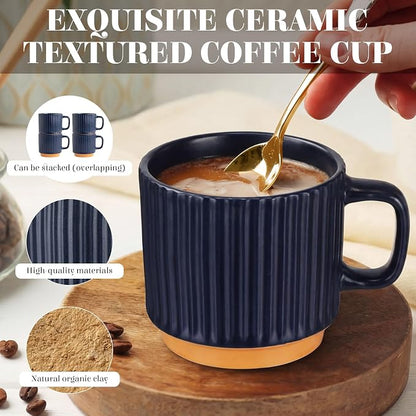 6 Set Ceramic Coffee Mugs with Gold Spoons, 8.8 oz Textured Ribbed Coffee Cups - Image 3