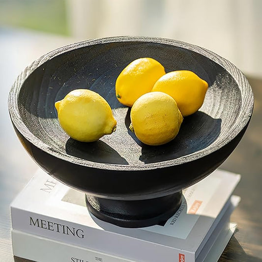 Hanobe Decorative Wood Bowl for Centerpiece: Wooden Black Pedestal Bowl Decor for Entry Way Table - Large Coffee Table Decor Dough Bowl for Fruit,Keys