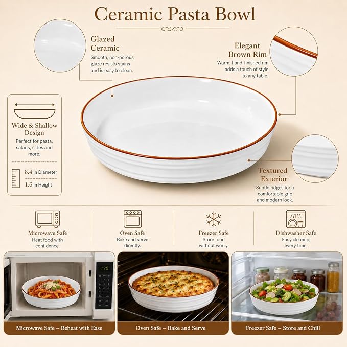 8 Inch Minimalist style Ceramic Pasta Bowls set of 4, 38 Oz White Serving Bowls - Image 5